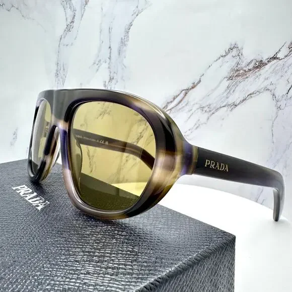 New PRADA Sunglasses Brown Striped Laguna Aviator Shield Mask New - Picture 16 of 16